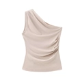 Close-up of ribbed knit texture and ruched side detail on beige one-shoulder top - XS / Khaki Jacket