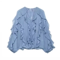 Detail of light blue chiffon blouse showing ruffled layers and elegant V-neckline texture - XS / Blue