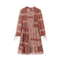Deep red paisley floral long sleeve dress with smocked bodice and bow tie cuffs - Red