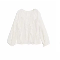 Dettaglio di camicetta bianca in chiffon con scollo a V, volant e etichetta taglia L - XS / Bianco