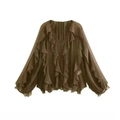 Detail of multi-layered ruffles and delicate buttons on olive green chiffon blouse - XS / Olive Green