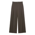 Detailweergave van de olijfgroene geplooide pantalon met hoge taille en wijde broekspijpen - XS / koffiekleur