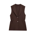 Gilet in maglia marrone con revers, bottoni in metallo e vita aderente con pieghe morbide - S / caffè