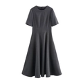 Abito midi grigio scuro a maniche corte con vita pieghettata e silhouette a trapezio - XS / Grigio