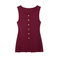 Detailed view of dark burgundy knit vest featuring golden buttons and a bottom slit detail - S / Red