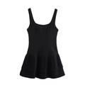 Close-up of black sleeveless mini dress with square neckline and layered pleated hem detail - Black