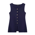 Detail view of navy blue knit vest with golden buttons and a stylish hem slit - Dark Blue
