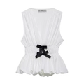 Top peplo bianco senza maniche con scollo a V, trama a pieghe e fiocchi neri decorativi - XS / Bianco