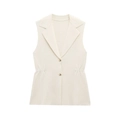 Gilet in maglia senza maniche beige con revers, vita arricciata e bottoni dorati - S / Bianco Sporco