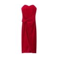 Elegant red velvet strapless dress with twist waist and wrap slit for party wear - S / Red