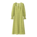 Fresh light green floral A-line midi dress with puffed long sleeves and heart neckline - S / Green