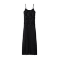 Elegantes schwarzes Trägerkleid mit 3D-Blumenoberteil und plissiertem Midirock - S / Schwarz