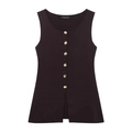 Close-up of knit vest featuring gold metal buttons and refined split hem details - Coffee