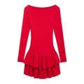 Elegante vestido corto rojo de manga larga con cuello barco y dobladillo de volantes plisados - S / Rojo