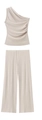Beige two-piece knit set with asymmetric one-shoulder top and wide-leg trousers - Khaki Set