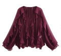Elegante camicetta in chiffon bordeaux con volant a strati e maniche a lanterna per donna - XS / Borgogna