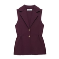 Gilet in maglia viola scuro da donna con colletto a revers, bottoni dorati e vita arricciata - S / Borgogna
