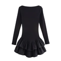 Elegante vestido negro de manga larga con cuello barco y dobladillo de doble volante - S / Negro