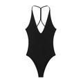 Sexy black deep V-neck bodysuit with ribbed texture and Y-shaped cross back straps - Black