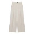 Eleganti pantaloni beige a gamba larga a vita alta con pieghe e chiusura a bottone - XS / Beige