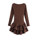 Brown long-sleeved dress with elegant double-layered ruffled hem in slim fit style - Brown