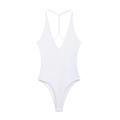 Minimalist white V-neck bodysuit with high-cut leg and cross-back straps design - White