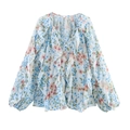 Floral chiffon V-neck blouse with layered ruffles and long sleeves in spring multi-color - XS / Blue Floral