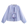 Women's blue and white striped long sleeve V-neck shirt with red accents and bow details - XS / Light Blue Stripes