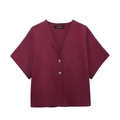 Detailed view of the V-neck knit top with two amber textured buttons in burgundy red - Red