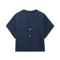 Detailed macro view of navy blue V-neck knit top with two marble textured buttons - Blue