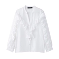 Elegante witte damesblouse met lange mouwen, verticale ruches en een stijlvolle V-hals - XS / Wit