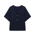 Detailed close-up of dark blue knit top with two gold metallic buttons and a V-neckline - Navy Blue