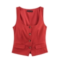 Elegante chaleco rojo sin mangas con escote cuadrado y botones decorativos de mujer - S / Rojo