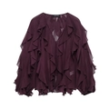 Deep purple V-neck chiffon shirt with layered ruffles and button closure for women - XS / Burgundy