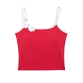 Débardeur rouge à fines bretelles avec bordure blanche et fleurs 3D perle - S / Rouge