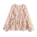 Women's V-neck layered chiffon blouse with red floral pattern in cream white finish - XS / Pink Floral