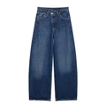 High waist dark blue wide leg jeans with asymmetrical waist and washed finish - XS / Dark Blue