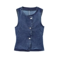 Dettaglio del gilet in denim blu scuro con bottoni argento e cuciture arancioni fini - XS / Gilet di jeans