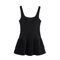 Sleeveless black mini dress with double-layered pleated hem and U-neckline detail - XS / Black