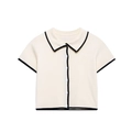 Elegant short sleeve knit top in off-white with black contrast trim and polo collar - Tops