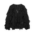 Elegant black layered ruffle chiffon blouse with deep V-neck and button front design - XS / Black