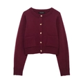 Short burgundy knit cardigan with gold buttons and symmetrical front pockets in flat lay - S / Wine Red Top