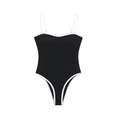 Minimalistische zwarte bodysuit met witte bies en dunne bandjes in een hoog uitgesneden - XS / Zwart