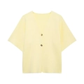 Detail shot of a light yellow short-sleeved cardigan with elegant gold metal buttons - Yellow