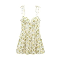 Close-up of floral print mini dress with spaghetti straps and structured cup bodice - Yellow