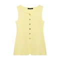 Gilet en tricot jaune clair avec boutons dorés et col rond à coupe ajustée élégante - Jaune