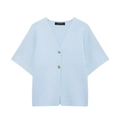 Detail of light blue V-neck knit cardigan with two round gold buttons and brand label - Light Blue
