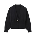 Dames zwart gebreid vest met V-hals en een enkele decoratieve gouden knoopsluiting - S / Zwart