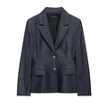 Close-up of deep blue denim blazer with gold metal buttons and notched lapel detail - S / Denim Jacket