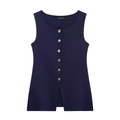 Gilet en tricot bleu marine pour femme avec boutons dorés et encolure ronde élégante - Bleu foncé